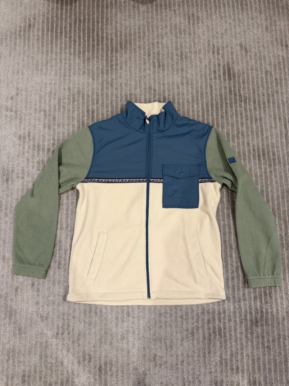 Billabong Colorblock Sherpa Fleece Jacket in Cream, Blue, and Sage